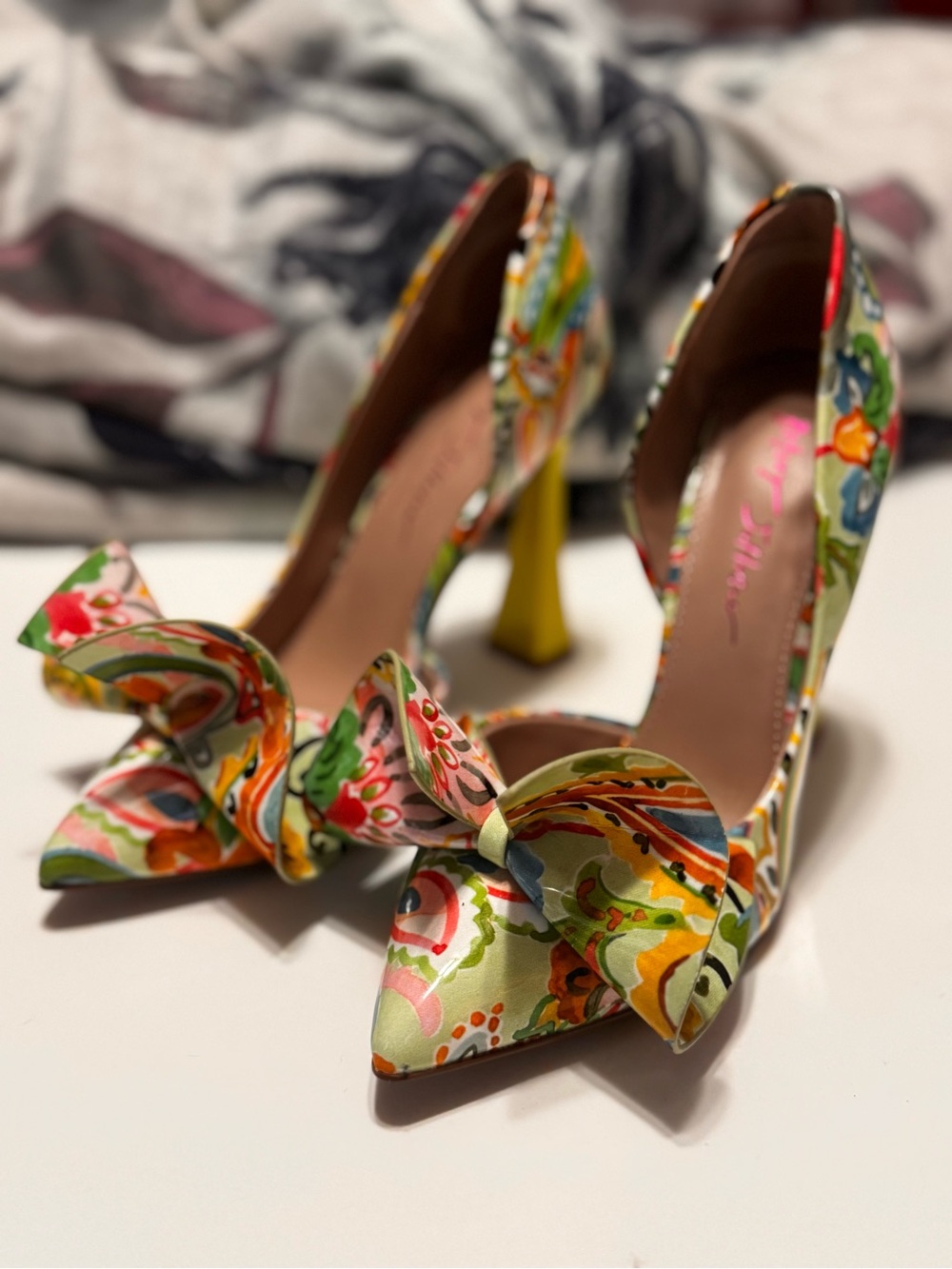 Betsey Johnson Multicolor Floral Bow Pointed-Toe Pumps with Yellow Heel
